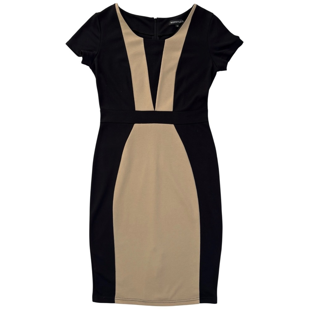 Rephyllis Colorblock Sheath Dress M BlackTan Pencil Cocktail Office Professional
